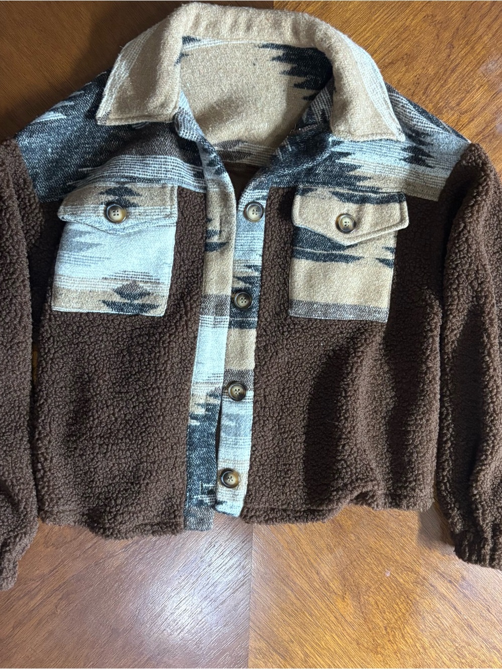 Brown Sherpa Jacket with aztec Accents